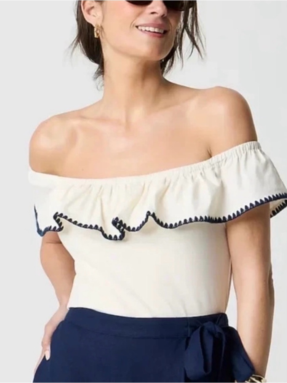 J. Crew White Cream Off-Shoulder Ruffle Top with Navy Trim